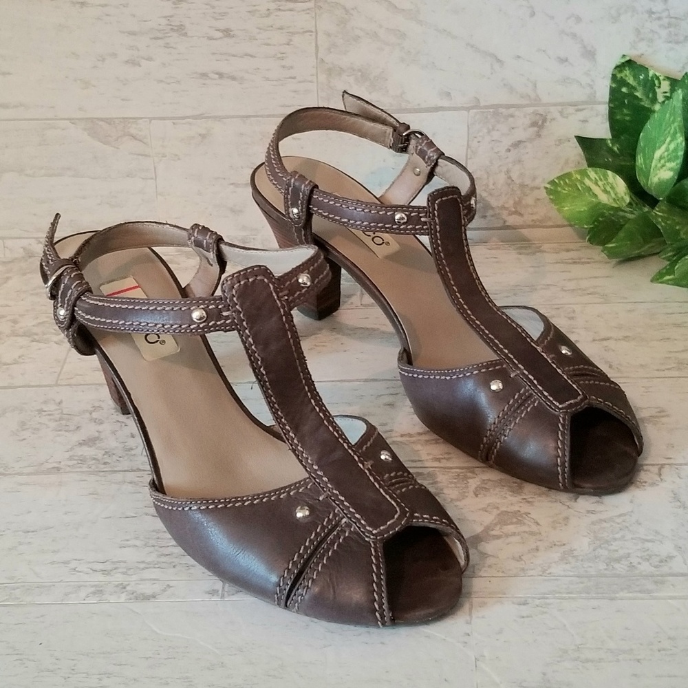 Ecco Brown Ankle T Strap Heels Peep Toe Sz 40